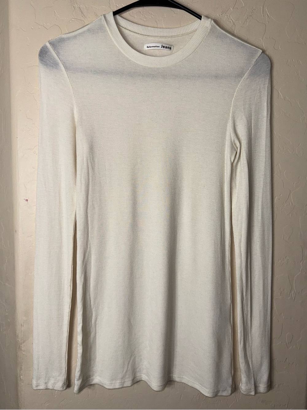 Reformation Jeans White Ribbed Long Sleeve Crewneck Fitted Essential Tee S